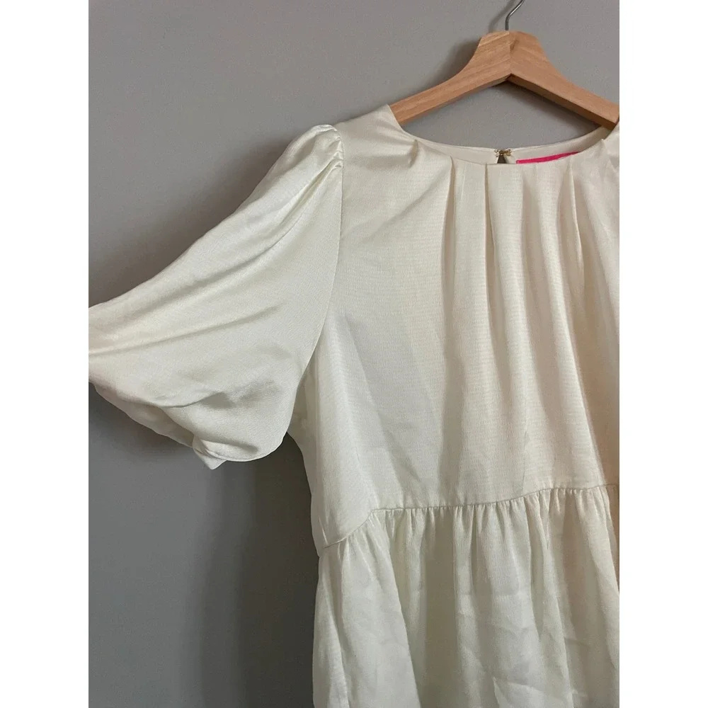 Lilly Pulitzer Peplum Blouse 10 Off White Puff Sleeve Textured Satin Preppy